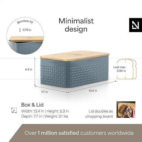 Miniatura 19 de LARS NYSØM Caja de pan I Caja de metal con bolsa de lino para una frescura duradera I Panera con tapa de bambú utilizable como tabla de cortar I