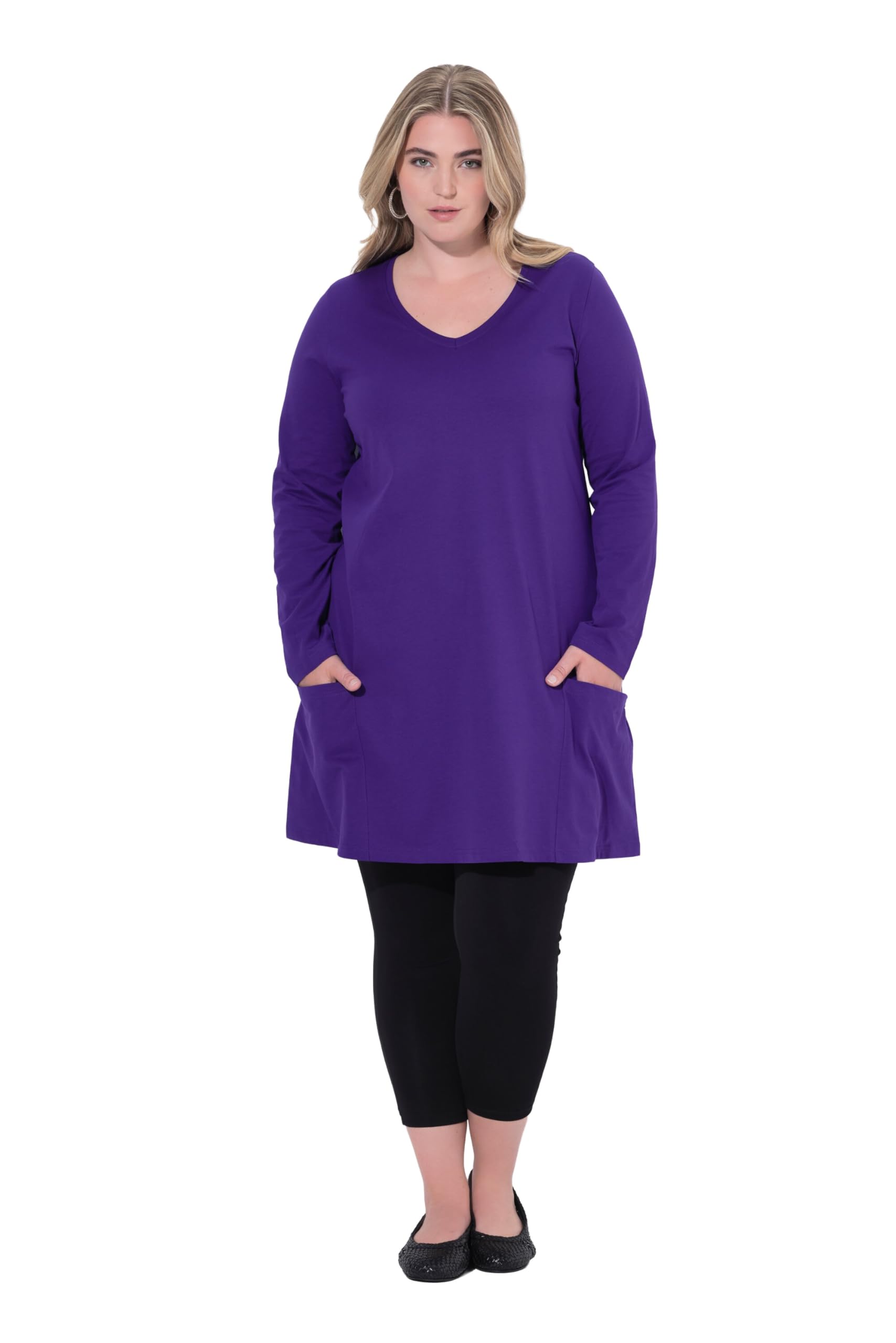 Ulla Popken Damen große Größen Übergrößen Plus Size Longshirt, Taschen, A-Linie, V-Ausschnitt, Langarm 844599