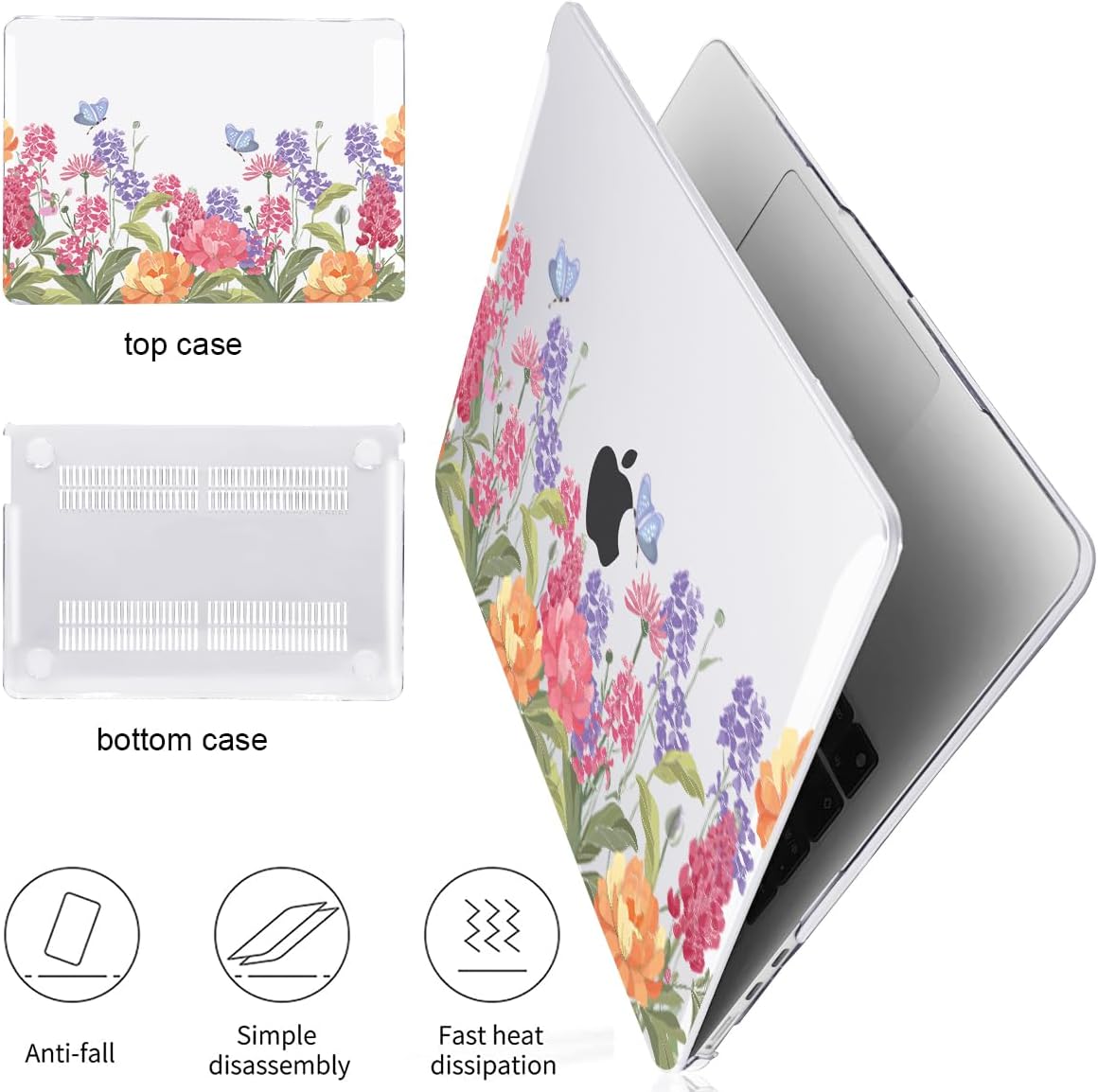 Compatible with MacBook Air 13 inch Case 2026 2025-2022 M5 M4 M3 M2 Chip A3449 A3240 A3113 A2681, Pattern Hard Shell Laptop Case Keyboard Cover for MacBook Air 13.6 M5, Pink & Purple Flowers