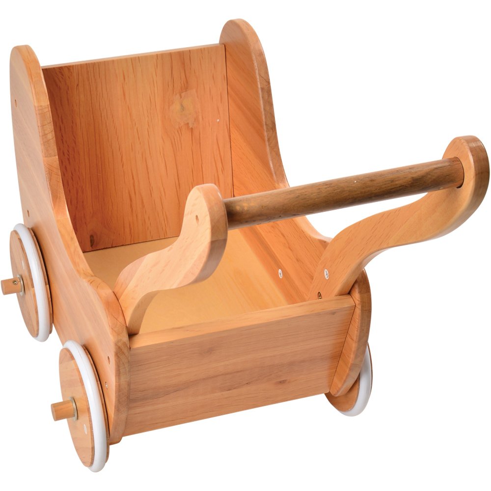 Constructive Playthings Wooden Doll Buggy with Rubber Edged Wooden Wheels, Ages 3 Years and Up