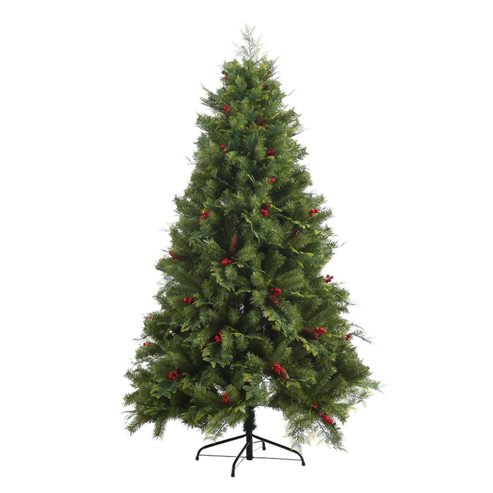 Albero Natale Artificiale, Albero Natale Incernierato in Abete Rosso Misto, Facile Montare Con Supporto in Metallo, Decorazione Natalizia Per Interni Ed Esterni Con PVC+PE+Pigna+Frutta Rossa,4ft