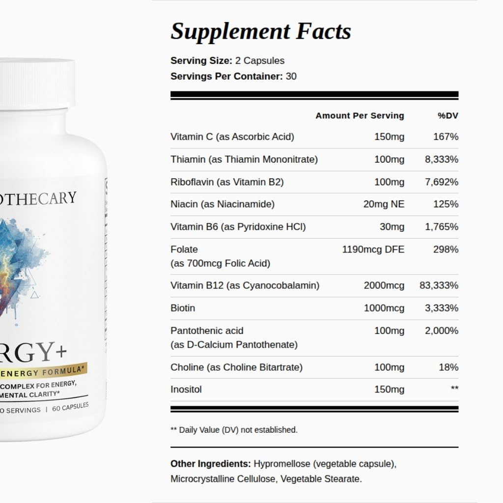 Energy+ B Complex High Potency Supplement - B12 2000mcg B6 B1 Folate Biotin Niacin Riboflavin Pantothenic Acid - Complete B Vitamins with Choline Inositol - Vegan Non-GMO - 60 Caps — Amazon image 3