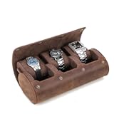 Hiram Leather Watch Roll Travel Case&comma;Vintage Crazy Horse Leather 3-Slots Watch Box with Removable Velvet Pillows&comma; Secure Metal Clasp&comma; Perfect for Daily Display & Business Travel