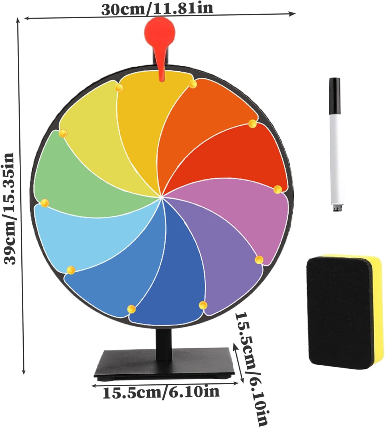 Prize Wheel, 12 Inch 10 Slots Color Prize Wheel Spinner with Stand, Reusable Spinning with Dry Erase Marker and Eraser for Trade Show, Carnival, Games Accessories