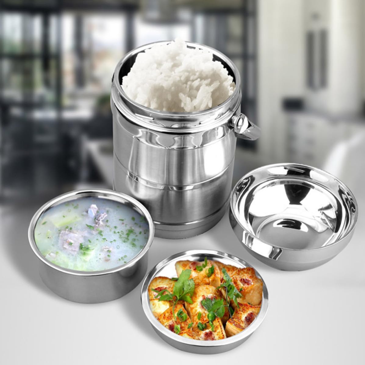 Fiambrera de Acero Inoxidable Doble Capa y Aislamiento al Vacío, Portátil Asa, Capacidad 3l, Mantiene la Comida Caliente hasta 6 Horas para Oficina y Viajes