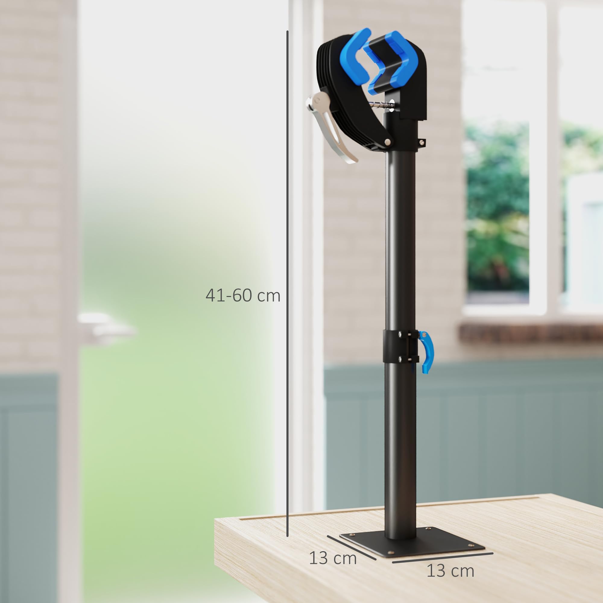 HOMCOM Support de réparation de vélo réglable en hauteur, pince rotative 360°, pieds d'atelier ou muraux, support vélo pour montage, entretien, réparation VTT et vélo de route, charge max. 25kg, noir