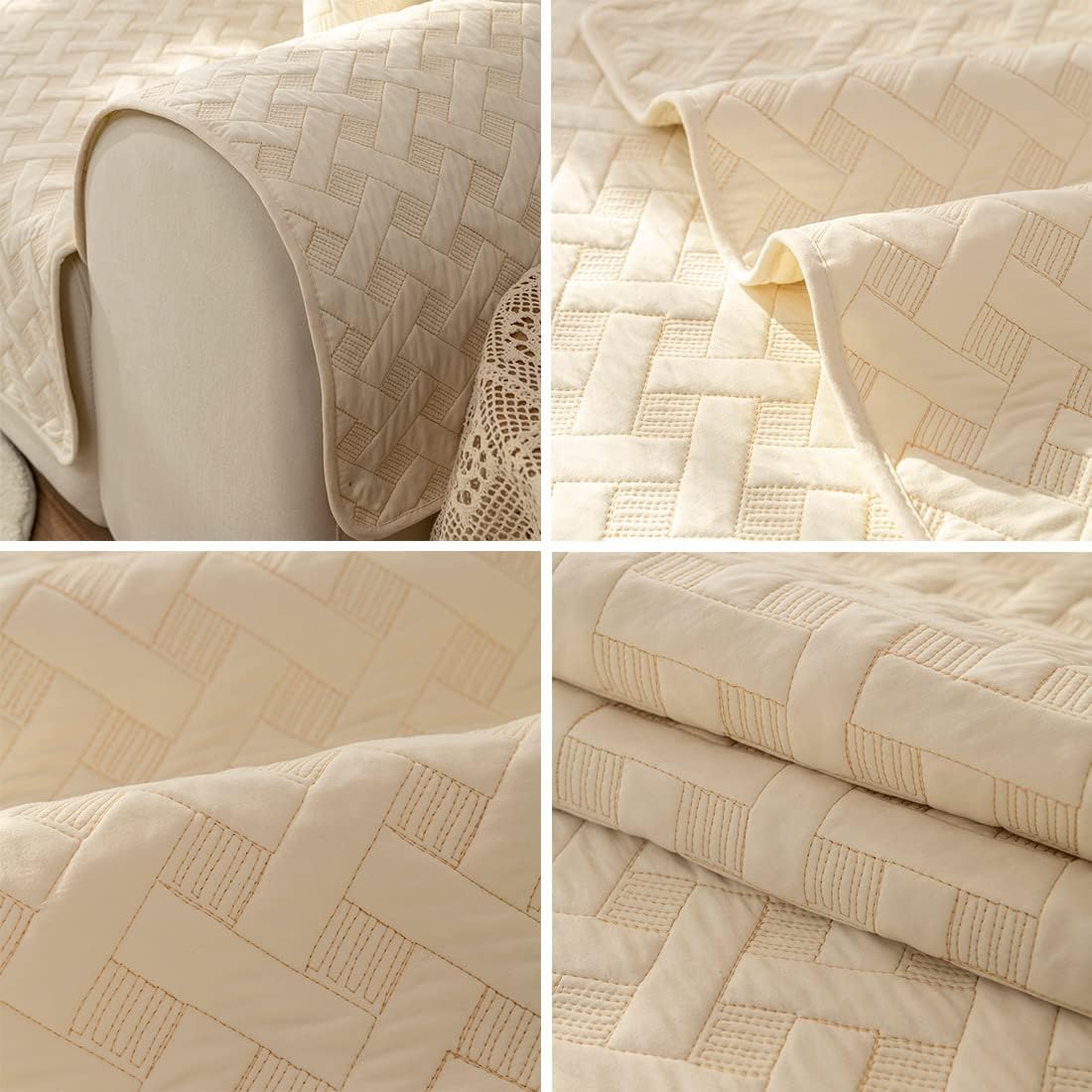 vctops Quilted Embroidery Sofa Couch Cover Solid Soft Sectional Couch Covers Non Slip Sofa Slipcover for Dogs Cats Pet Love Seat Recliner Leather L Shaped, Armrest Backrest Cover (Cream C,36"x47")