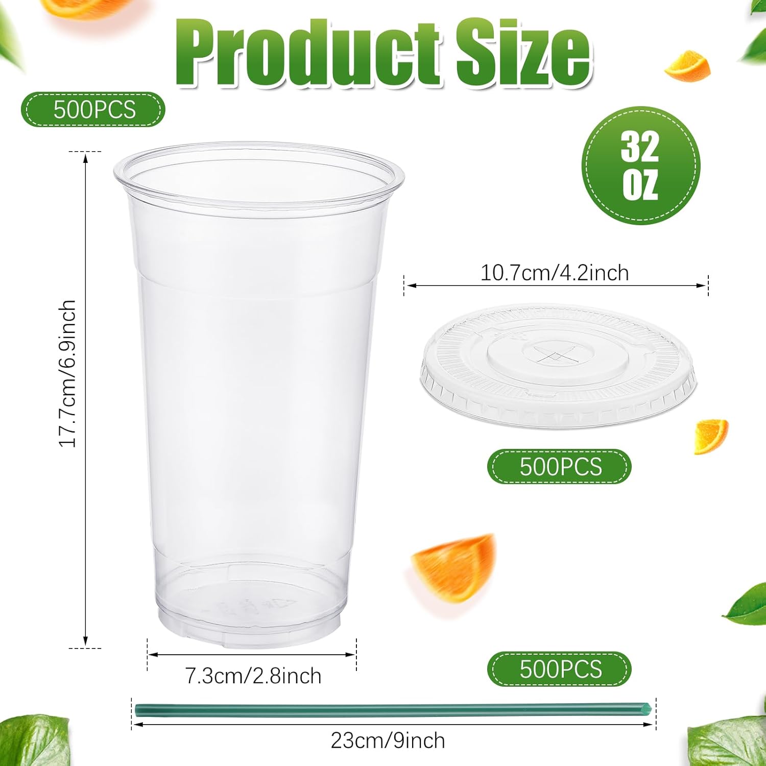 Hushee 500 Sets 32 oz Clear Plastic Cups with Lids and Individually Wrapped Straws Disposable PET Cups for Iced Coffee Cold Drinks Smoothie Juice Parfait Milkshake Parties