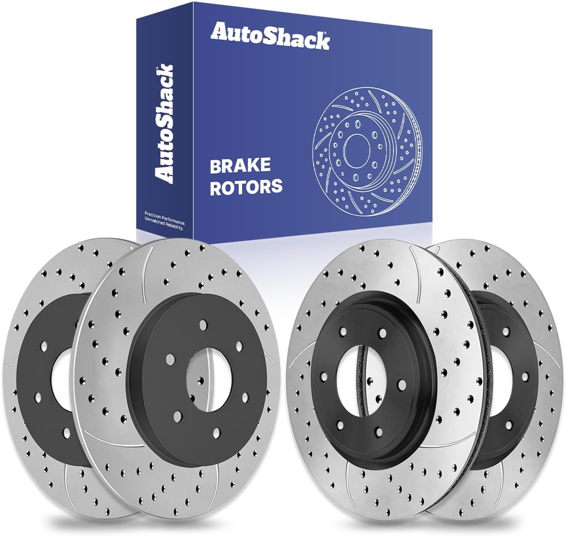 AutoShack Front & Rear Brake Rotors for Nissan & INFINITI, Armada 2007-2015, 2017-2019 TITAN 2007-2015 QX56 2007-2010, 4WD RWD AWD V8 5.6L - E-Coated Drilled & Slotted - Black Finish - NightGuard