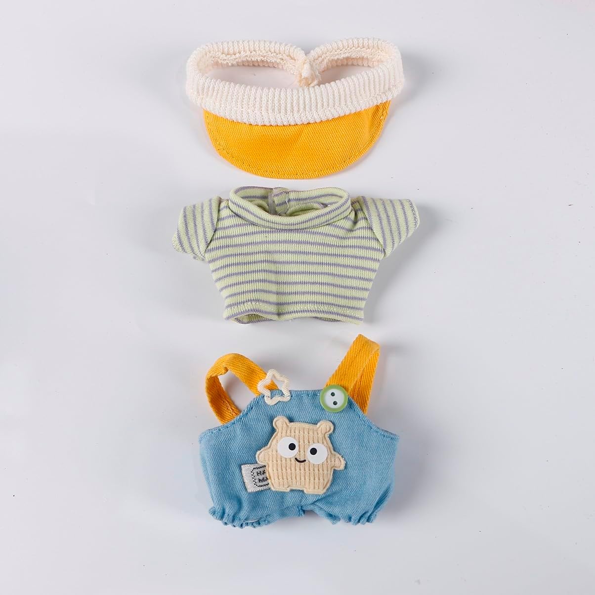 Compatible with Labubu 15cm/17cm (NO Doll) - Yellow Knit-Trim Cap, Light Green Striped Top & Bear-Patch Denim Overalls Outfit Set (Yellow & Blue)