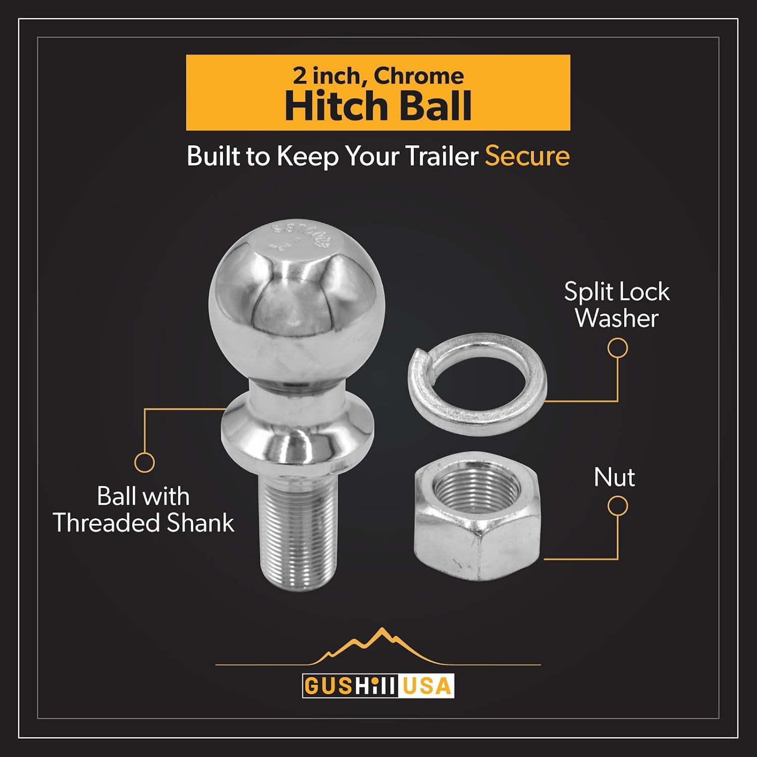 GusHill USA GH40004 Chrome Trailer Hitch Ball, 6,000 lbs, 2-Inch Diameter, 1 x 2 -Inch Shank