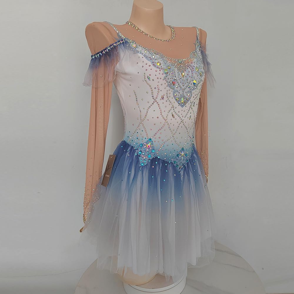 LIUHUO Vestido de patinaje artístico para niñas, color azul, malla graduada, manga larga, rendimiento de competición