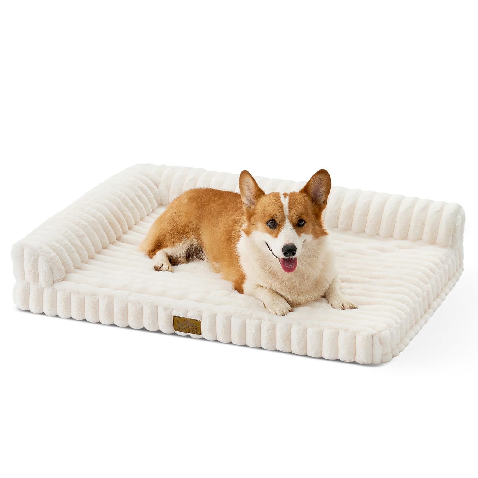 Cute Dog Bed, Faux Rabbit Fur Orthopedic Foam Dog Bed with Sides, Removable Washable Cover & Waterproof Lining, Comfortable Pet Couch for Medium Dogs, Cream (36" L x 27" W x 6.5" Th)