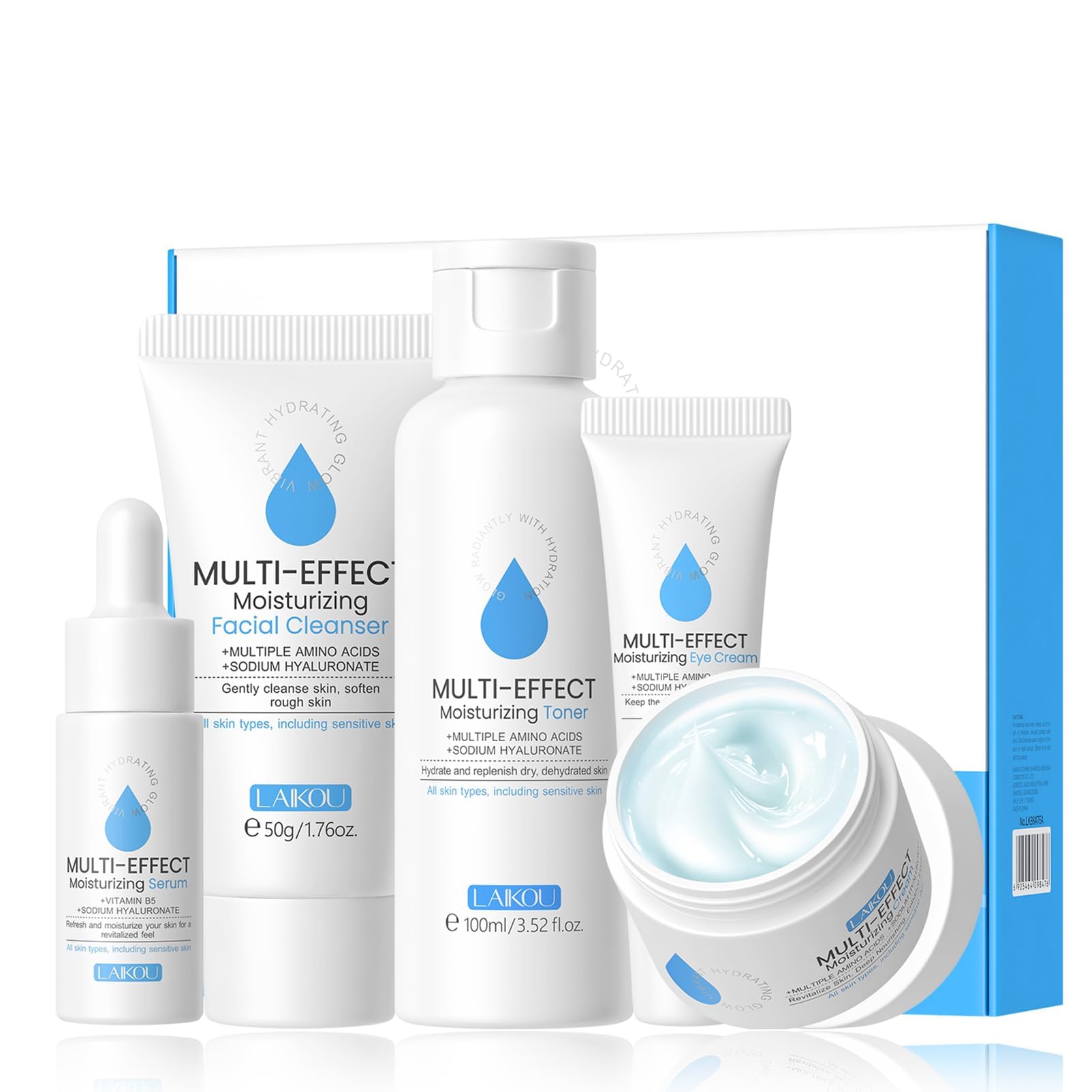 Hyaluronic Acid Skin Care Set, Multi-Effect Moisturizing Routine Kit for Women, Includes Serum, Cleanser, Toner, Eye Cream & Face Cream, Hydrating Facial Care