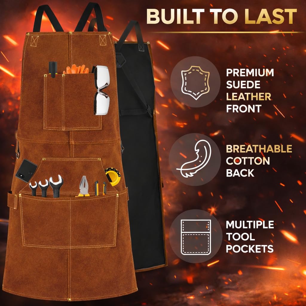 BWOLF SMITH Grembiule Saldatore in Pelle per Lavoro di Legno | Grembiule per Falegname con 6 Tasche | Grembiule per Saldatura e Resistente | Resistente al Calore | Regolabile