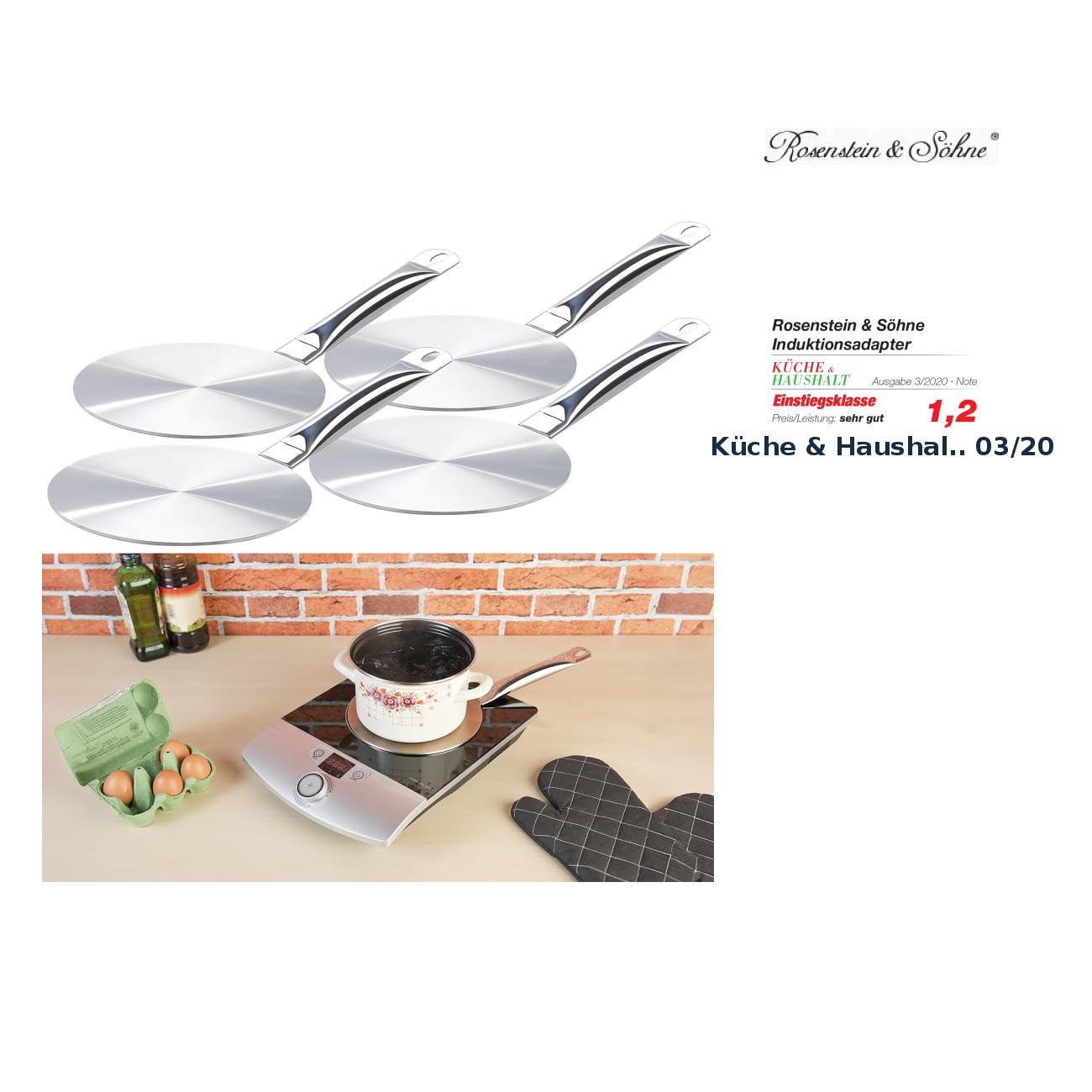 Rosenstein & Söhne Induktion Metallplatte: 4er-Set Universal-Adapterplatten für Induktions-Kochfelder, Ø 20 cm (Toppf für umrüsten, normale Töpfe auf Induktionsherd)