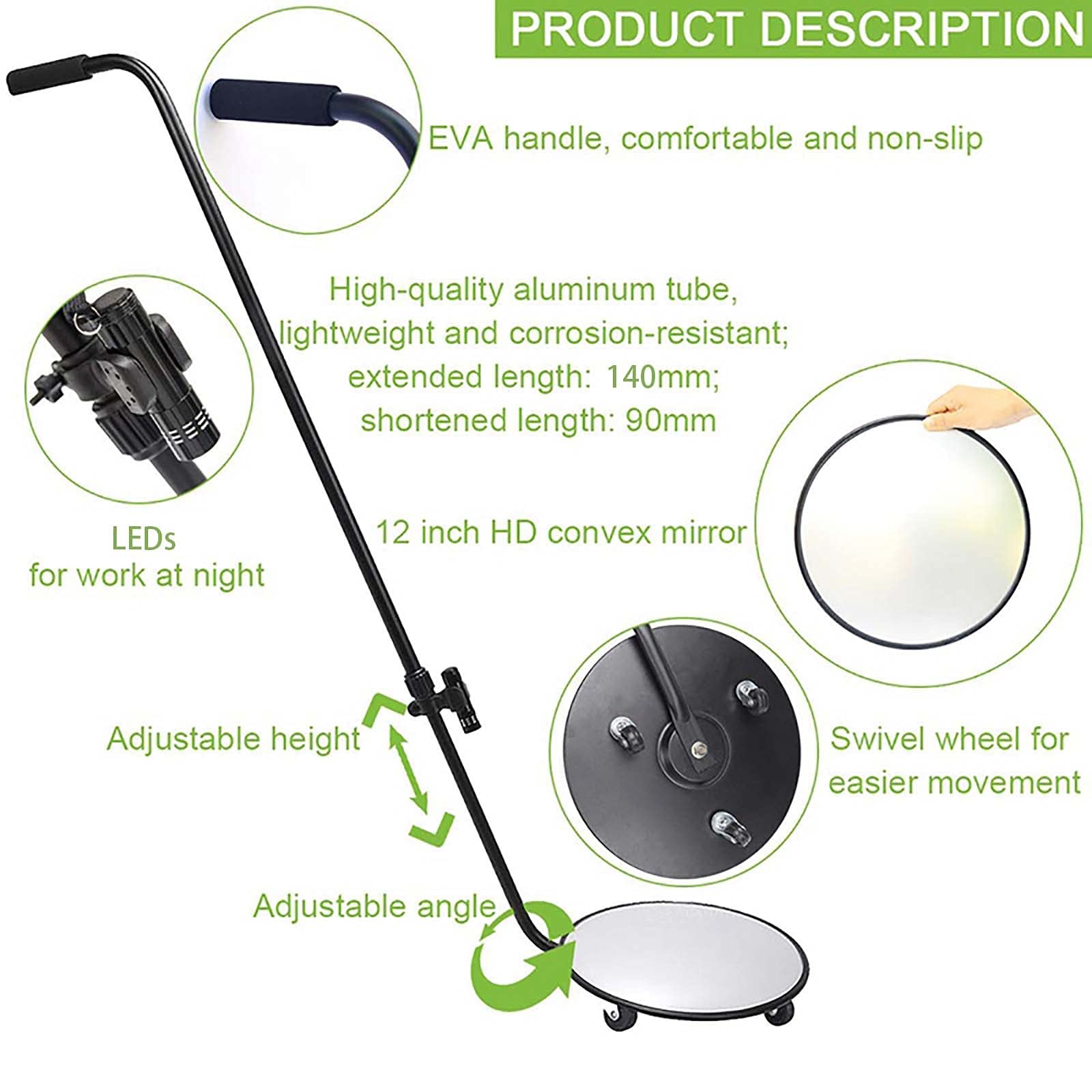 Espejo De Inspección para Bajos De Vehículos De 12 Pulgadas, Espejo De Búsqueda Portátil para Bajos De Vehículos, Varilla Retráctil De 90-140 Cm con Ruedas Y Luz Led