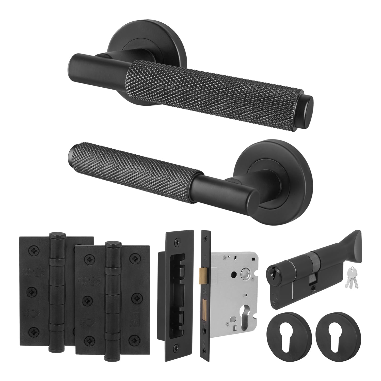 EAI Black Knurled Door Handle Euro Lock Thumbturn Cylinder Set, 1 Pair Internal Matt Black Round Rose Door Handles, Locks, Hinges - Dolton