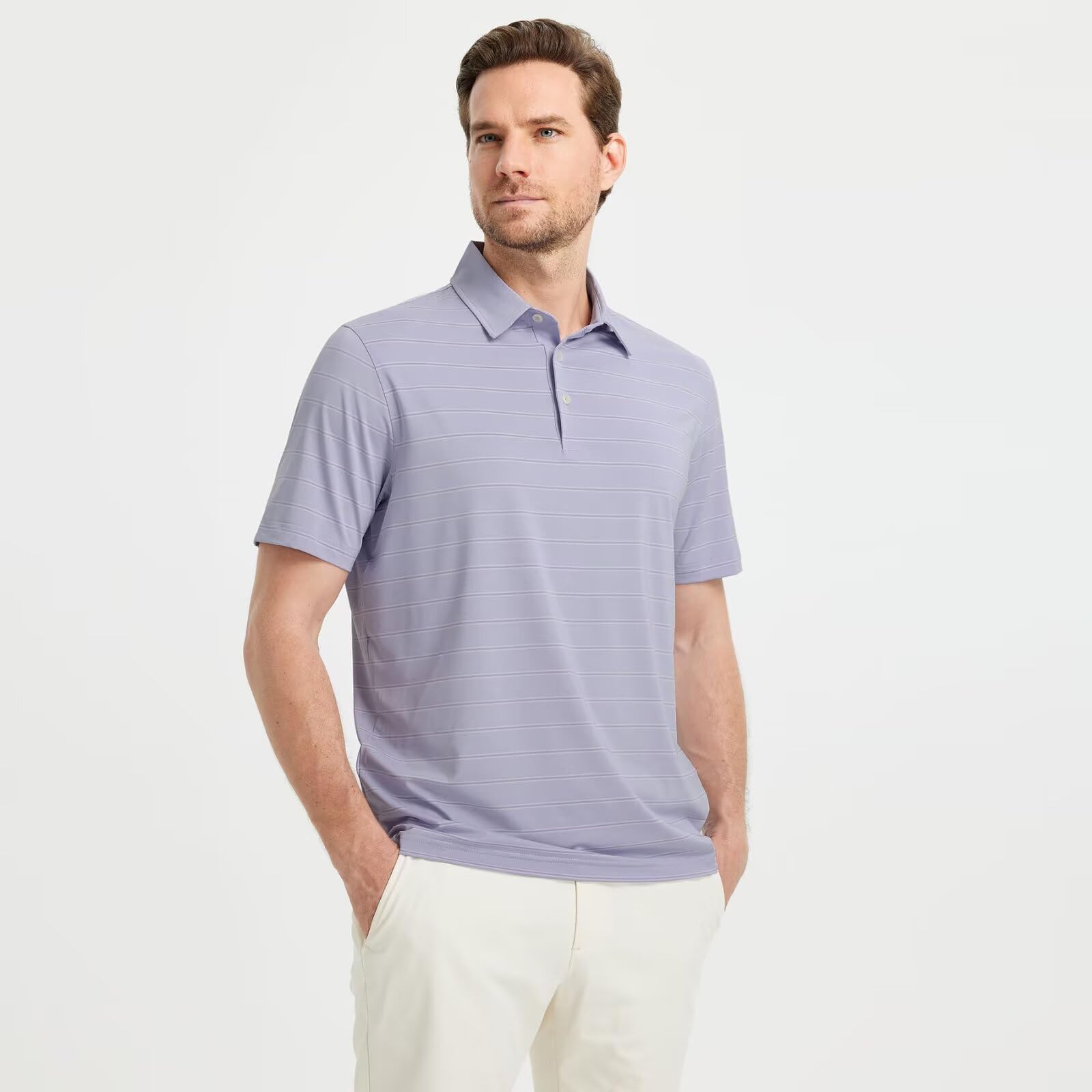 M MAELREG Stripe Golf Shirts for Men Active Soft Breathable Moisture Wicking Collared Mens Polo Shirts Short Sleeve