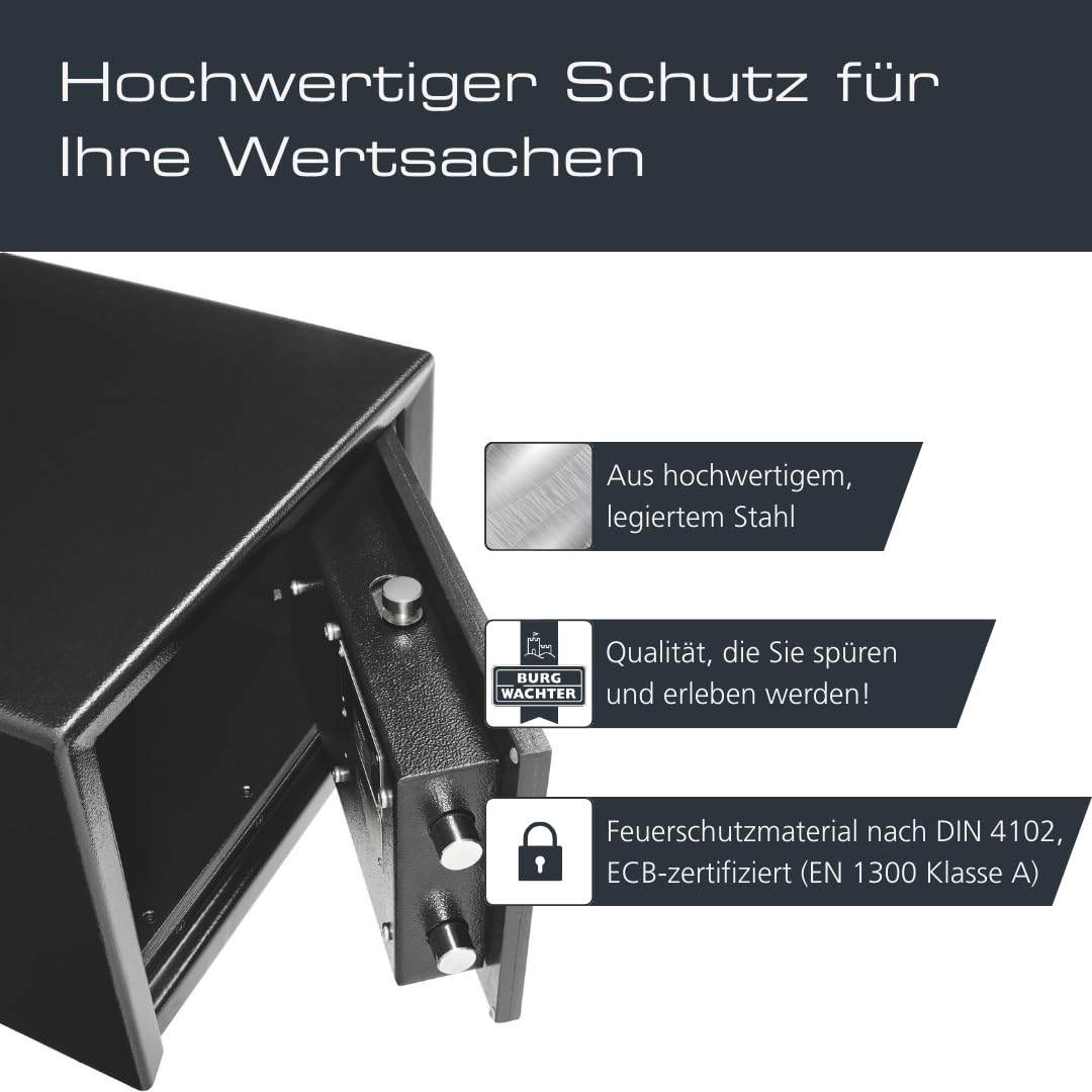 Burg-WÄCHTER Möbeltresor aus Stahl mit elektronischem Zahlenschloss, Feuerfest, Innenbeleuchtung und Fachboden, Wand- und Bodenbefestigung, 15,0 l, 44,0 kg, Profi-Safe PRS 510 E, Schwarz