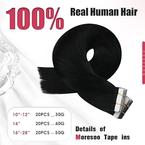 Miniatura 4 de Moresoo - Extensiones de cabello humano negro con cinta de 14 pulgadas, cinta de poliuretano invisible #1, color negro azabache con cinta sin