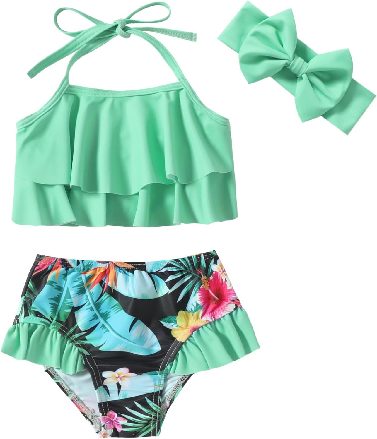 Neutocd Toddler Baby Infant Swimsuit Girl Ruffles Bathing Suit Halter Top Bikini with Headband Baby Girls' Swimwear