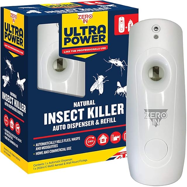 Zero In ZER562 Ultra Power Flying Insect Killer Auto Dispenser and Refill (24 Hour Protection, Battery-Powered, Use in Homes, Kills Flies, Wasps and Mosquitoes), White, 8.2x9x21.6 cm