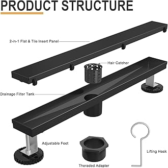 Linear Shower Drain, 12 Inch Matte Black 304 Stainless Steel Shower Drain with Tile Insert Panels, Long Rectangle Shower Floor Drain with Adjustable Feet, Hair Catcher, Fits Bathroom, Balcony
