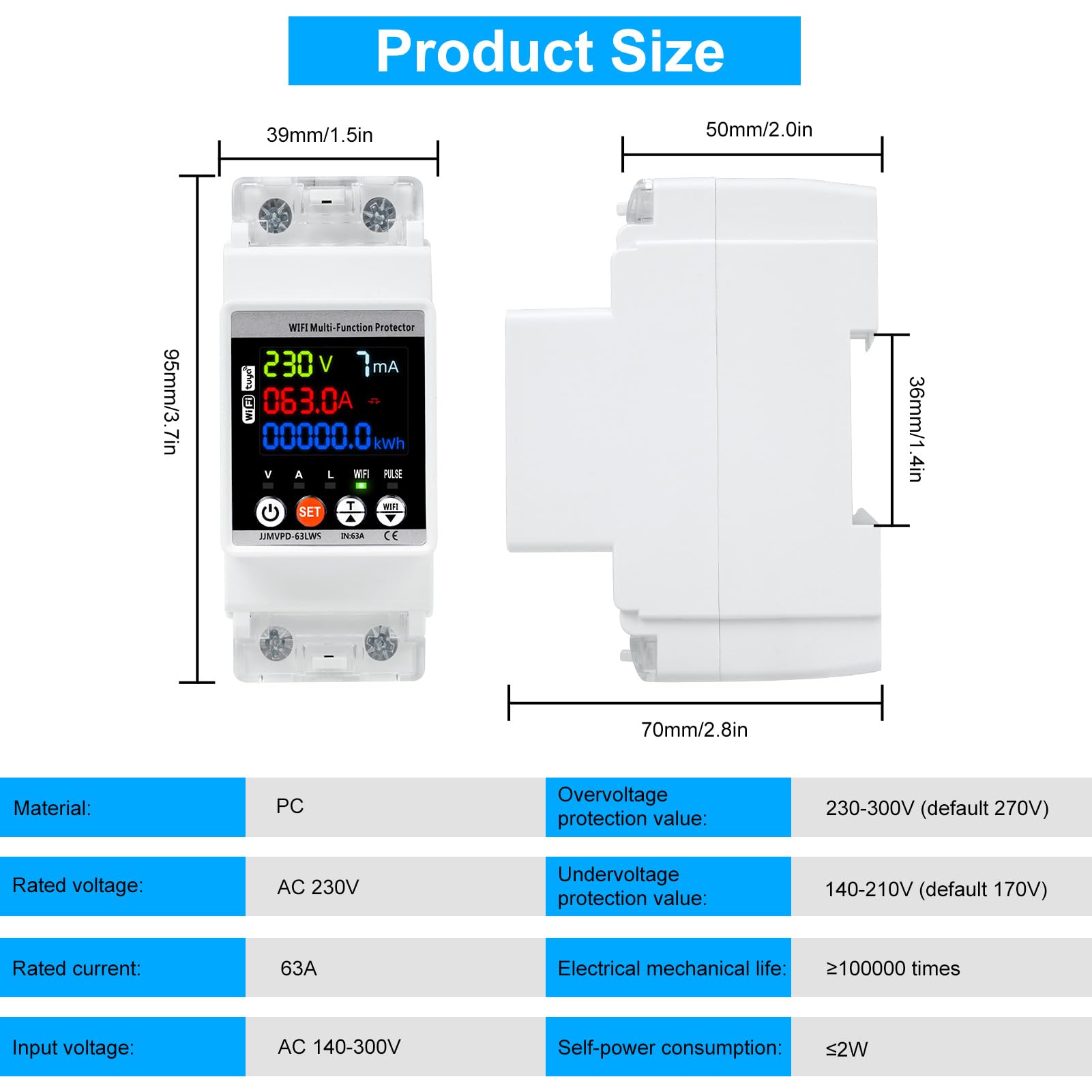 Jadeshay Stabilizzatore di Tensione 220v, 63A 230v Dispositivo di Protezione da Sovratensione Misuratore Consumo Elettrico WiFi su Guida DIN con Schermo a Colori(WiFi)