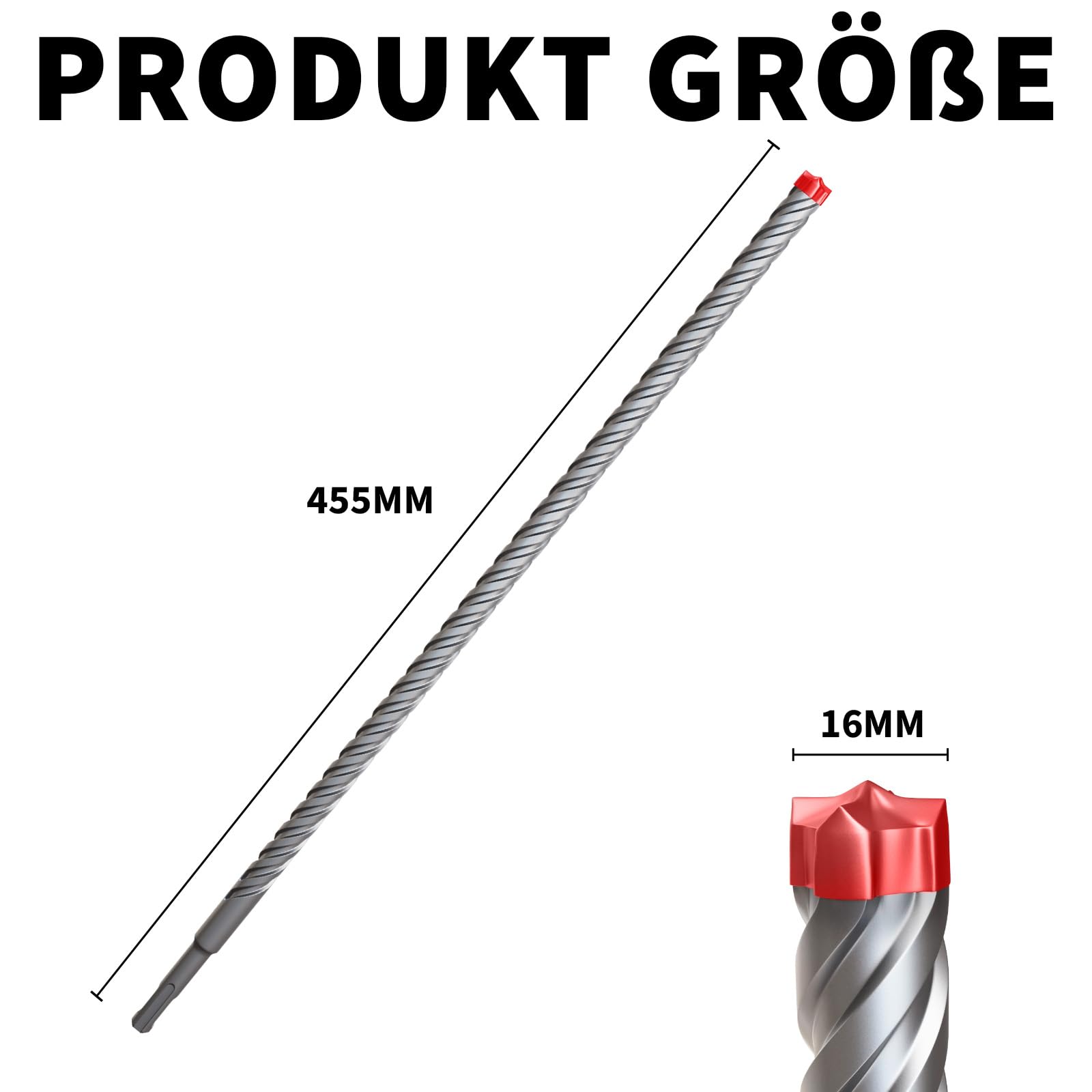 Punta professionale SDS plus 16 mm x 455 mm, punta ultra ad alte prestazioni per calcestruzzo armato e muratura. Tutta la testa del trapano è realizzata in lega di metallo per una durata estrema