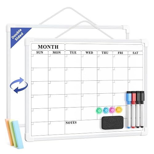Monthly Whiteboard Calendar for Wall, Small 16' x 12' Dry Erase Board with Plastic Frame, Hanging Dry Erase Calendar wit