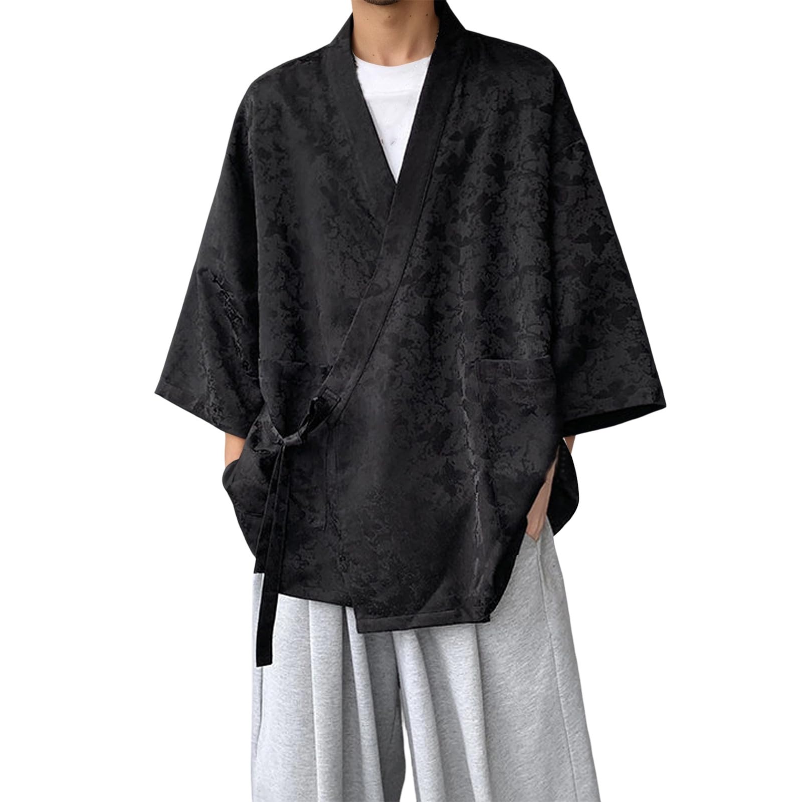 Camisa de Hombre-Cárdigan Ligero Corte Holgado Chaqueta Kimono Seda Helada Túnica Zen China Ropa Abrigo Informal Hombre Verano