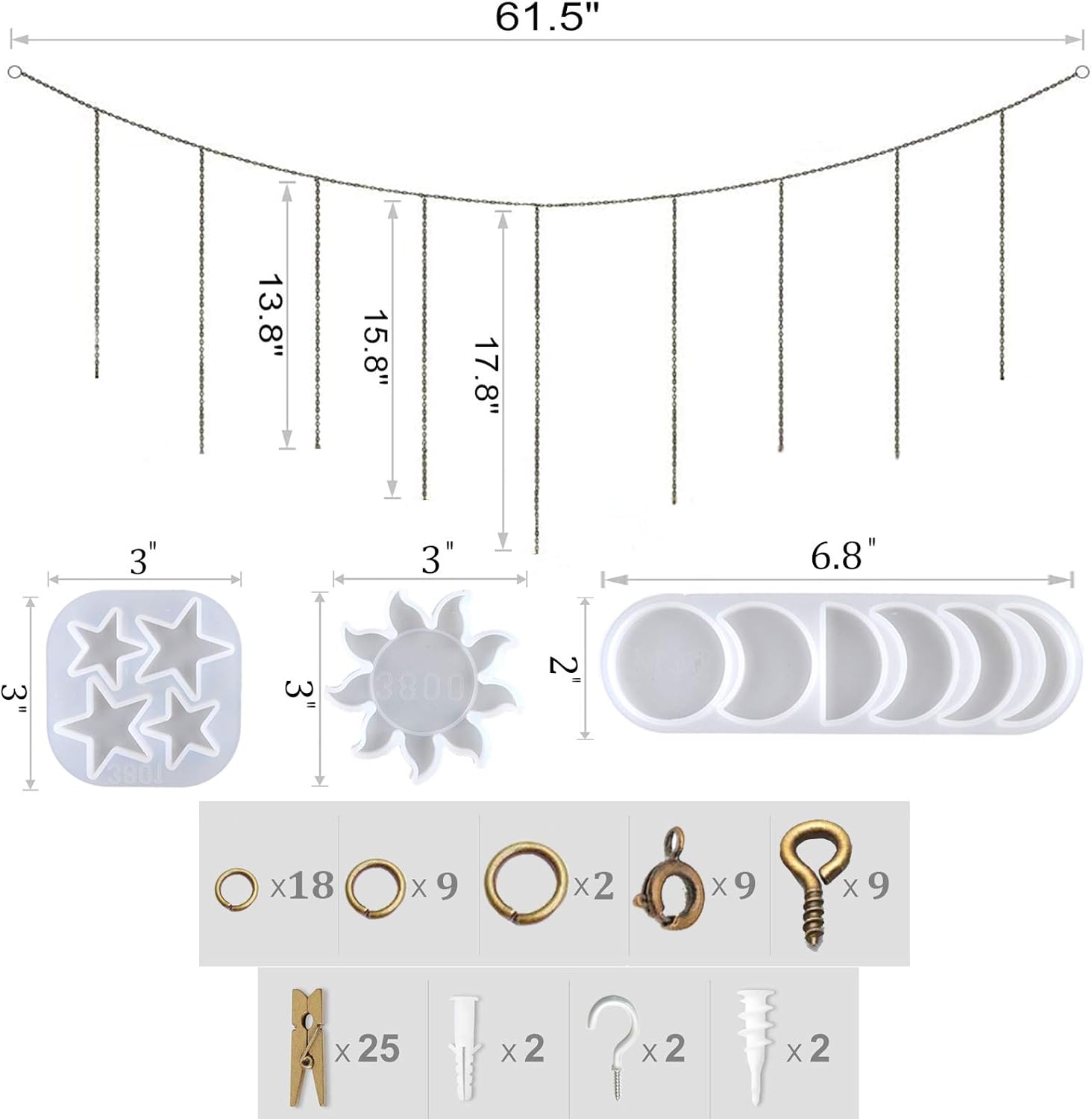 Resin Molds Photo Display, Epoxy Resin Molds, DIY Stars, Sun, Moon Phase Pendant Silicone Molds with Hanging Chains for Personalized Picture Frame, Wall Art Decoration Home Office College Room Dorm