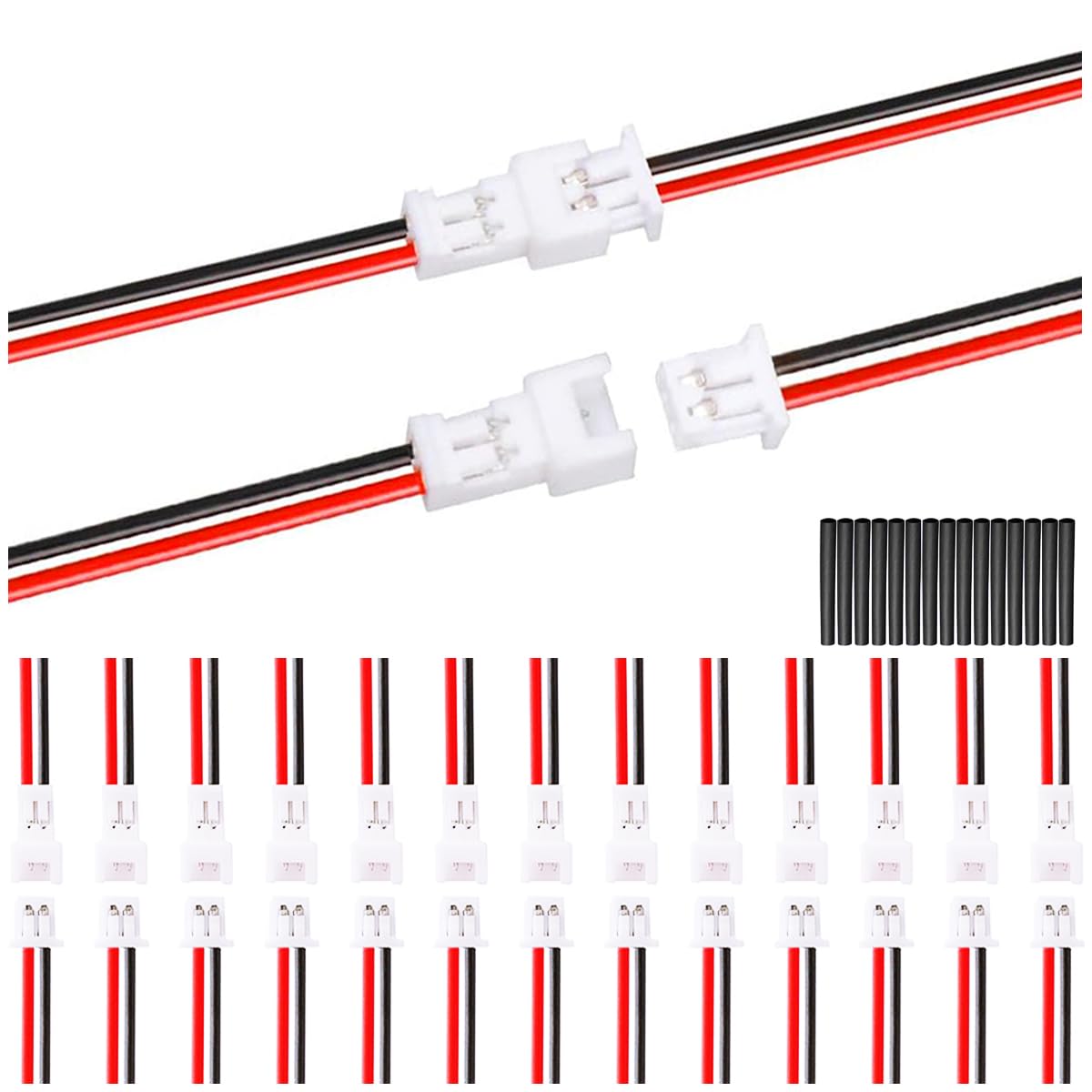 MKBKLLJY 15Pairs 1.25mm JST 2Pin Micro Electrical Male and Female Connector Plug with 26AWG 100mm Red Black Connector Wire Cable and Heat Shrink Tube for Indoor 3D Plane Twinkle Light LED Belt Light