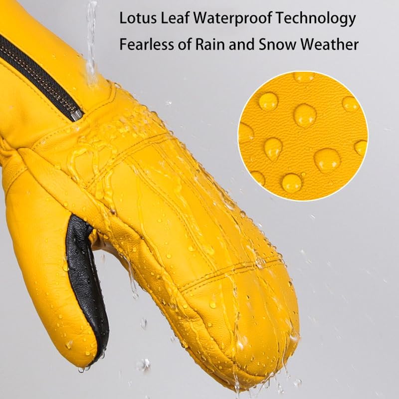 Harssidanzar Winter leather Ski Mittens Goatskin Thermal Waterproof Snowboarding Gloves For Men Women KM065US,Yellow,Size M