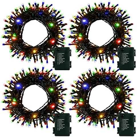 DBFAIRY 4 Pack RGBY Battery Christmas Lights String 50LEDs 16.8Ft Green Wire Tree Christmas Lights 8 Modes Battery Operated Decorative Fairy Lights Timer Auto On/Off Indoor,Christmas Wreath Lights Cover