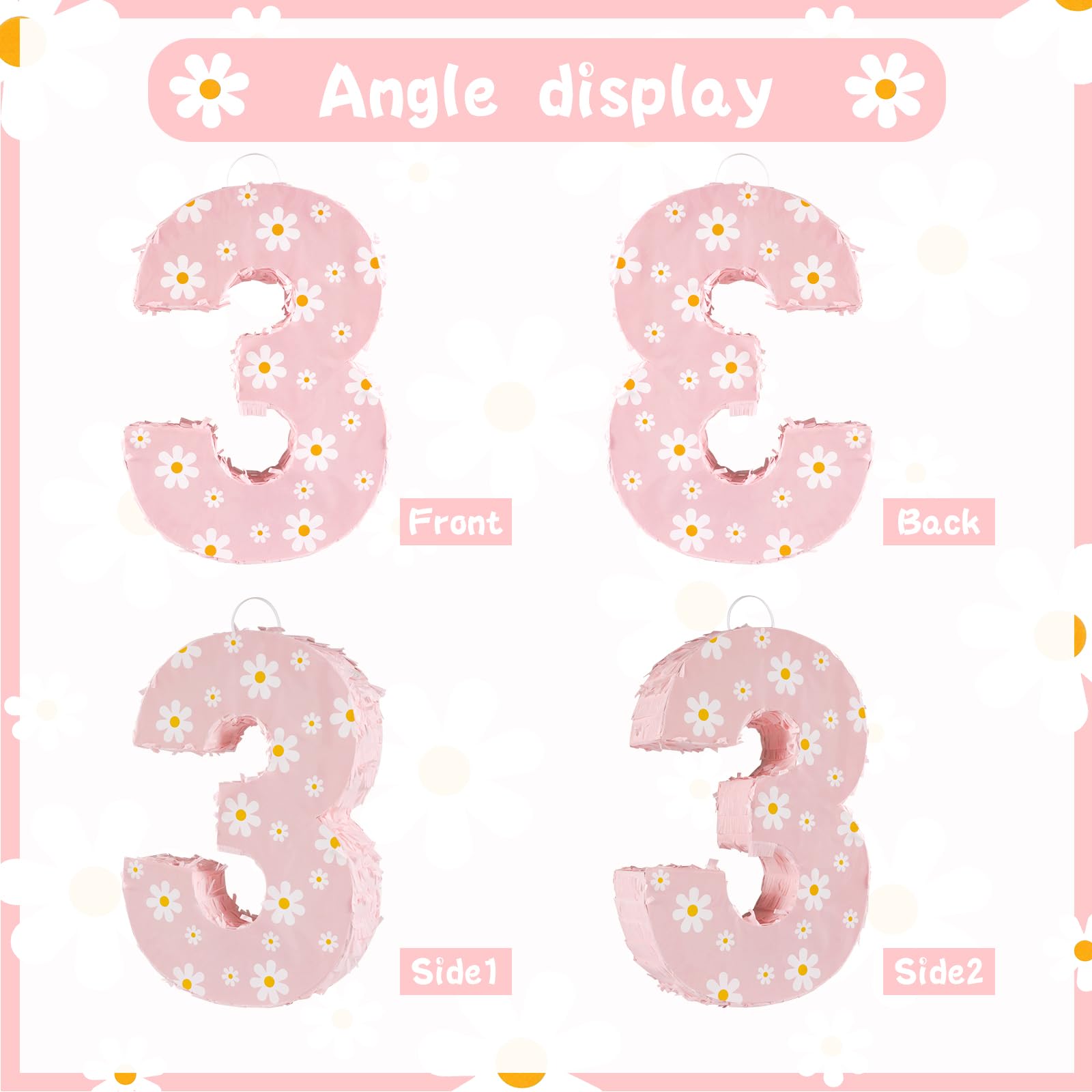 Decoraciones de cumpleaños de margaritas, piñata número 3 con palo vendado, confeti para flores rosas, suministros para fiesta de tercer cumpleaños (margarita 3)