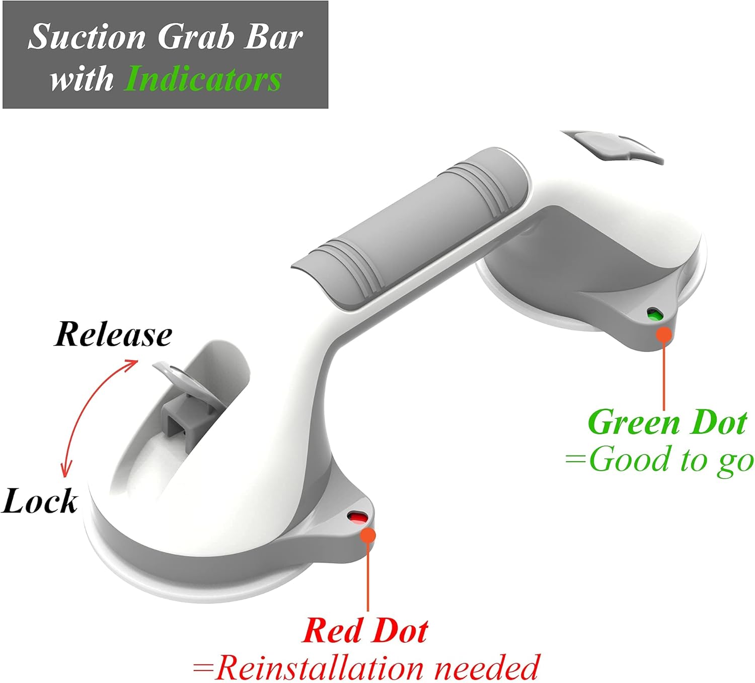 AquaChase 17" Bathroom Suction Grab Bar with Indicators, Steady Handle Balance Assist for Shower, Bathtub, Toilet, Dual Tone (White/Grey), Pack of 2 : Health & Household