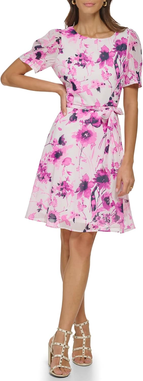 DKNY Women's Puff Sleeve Tie Waist A-line Mini Dress