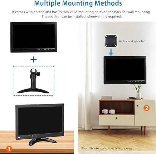 Miniatura 5 de ZFTVNIE Monitor HDMI pequeño de 10.1 "1366 x 768P Mini monitor con puertos VGAHDMI Monitor portátil para portátilcámaraFirestickHogarOficina