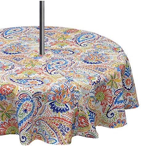 60'' Round Table Cloth Washable Water Resistance Tablecloth with Umbrella Hole Zippered Patio Table Cover (Red Phoenix)