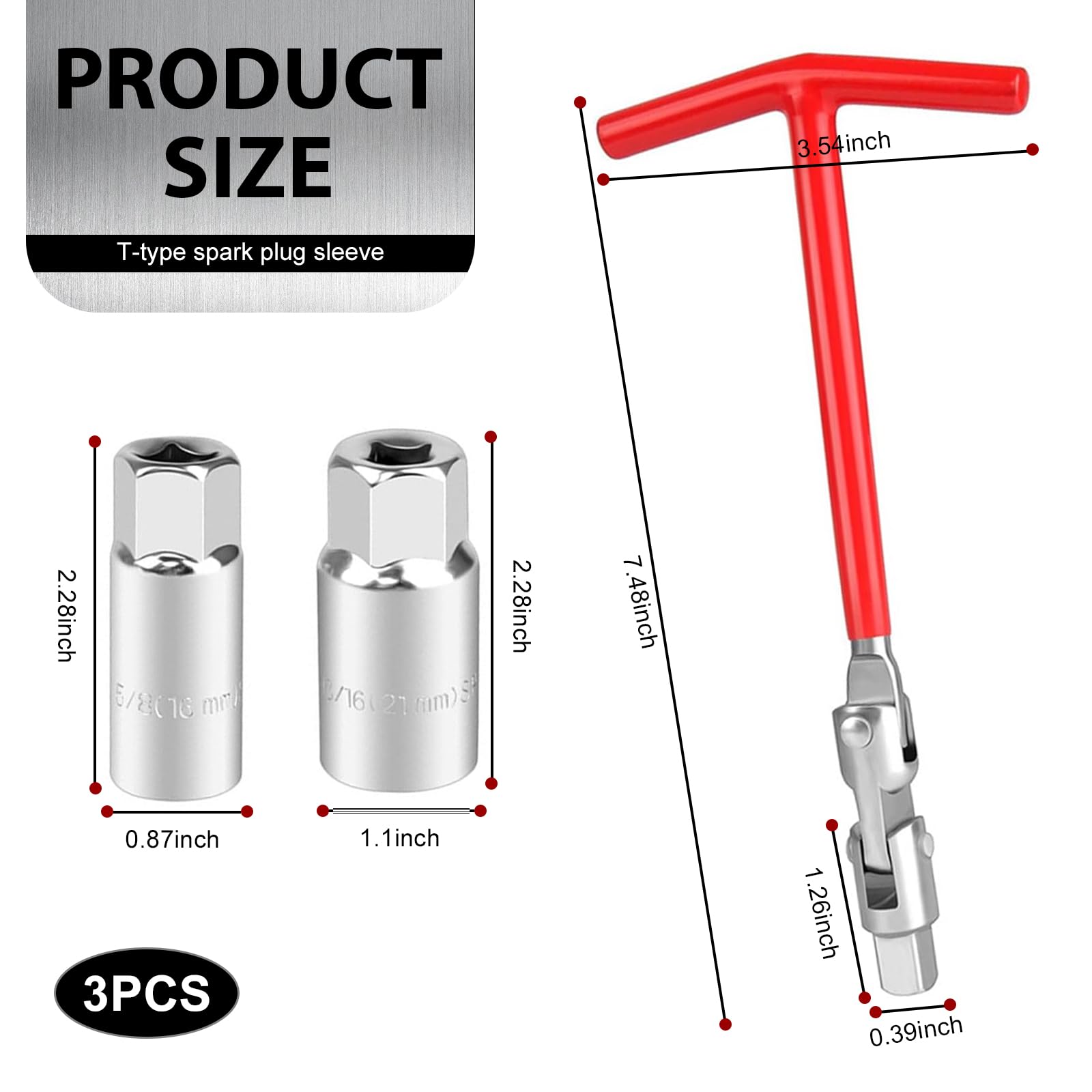 Eratus 3 PCS Spark Plug Socket Wrench, T-Shaped Non-Slip Handle 360 Degree Flexible Multi-Angle Spark Plug Disassembly Tool, 3/8 Drive Portable Tool, Universal for Motorcycles (Multicolored)
