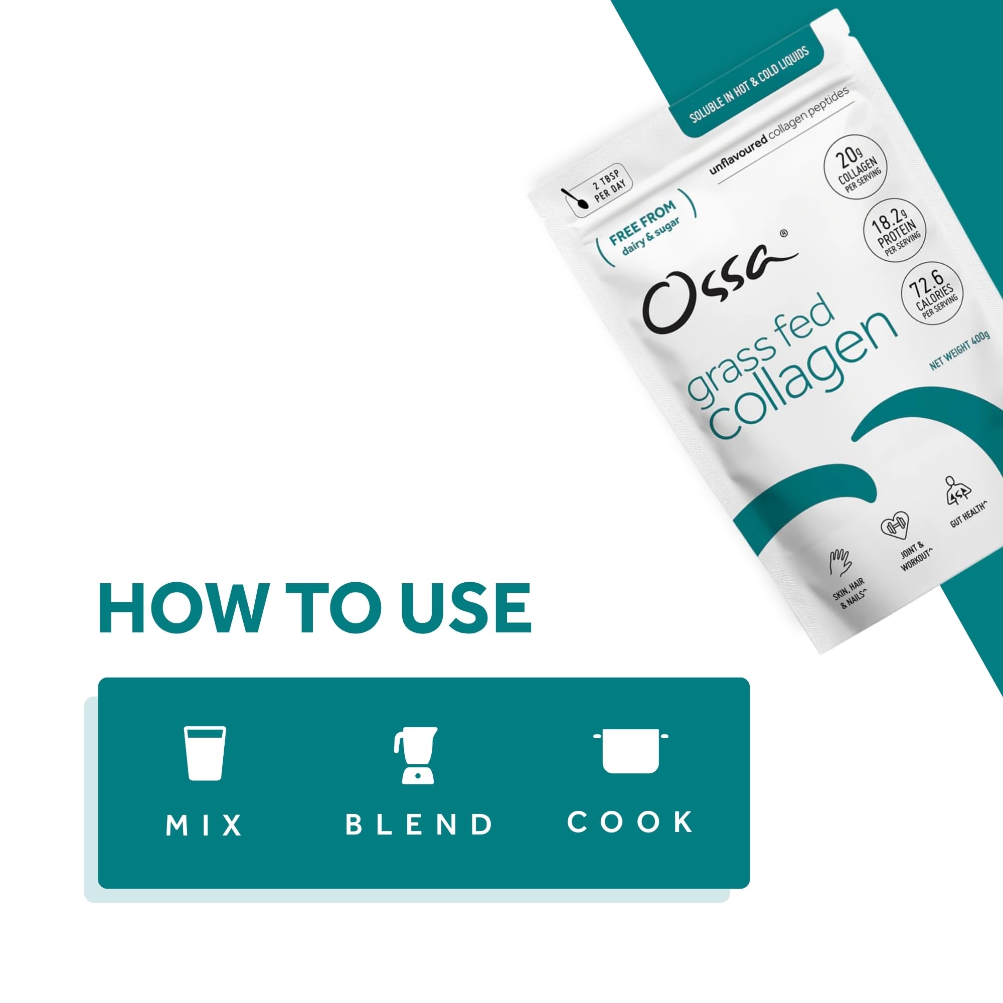 Ossa Collagen Peptide Pulver 400g | Grasfutter | Natürliches Proteinergänzungsmittel mit Aminosäuren | Keto- & Paleo-freundlich | Unterstützt gesundes Haar, Haut, Gelenke & Muskeln