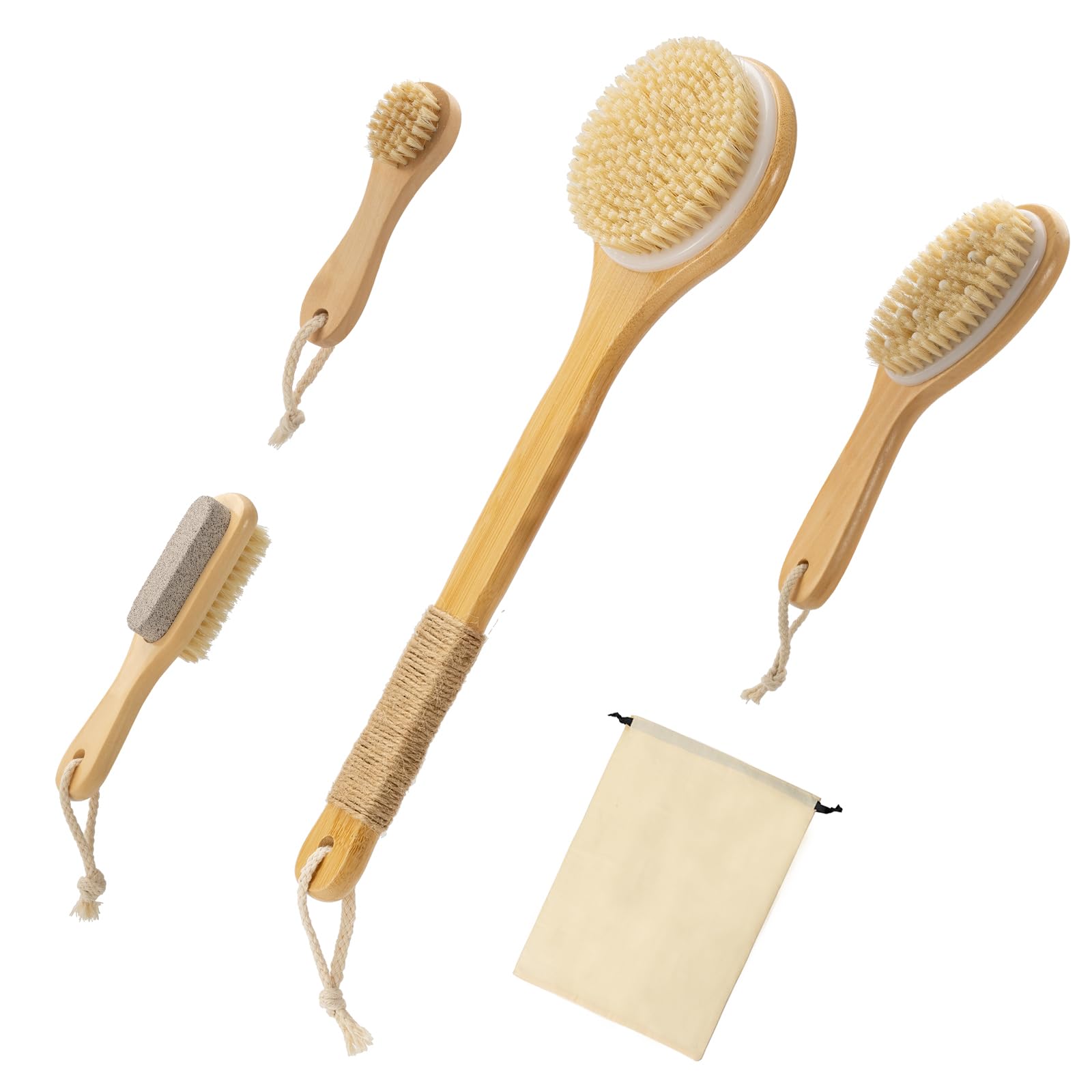 5 Packungen Trockenbürsten Körperbürsten-Set für Lymphdrainage, Cellulite-Massagegerät und Kopfhautpflege, Langer Griff Trockenbürste für Körper, Natürliche Wildschweinborsten Körperbürste