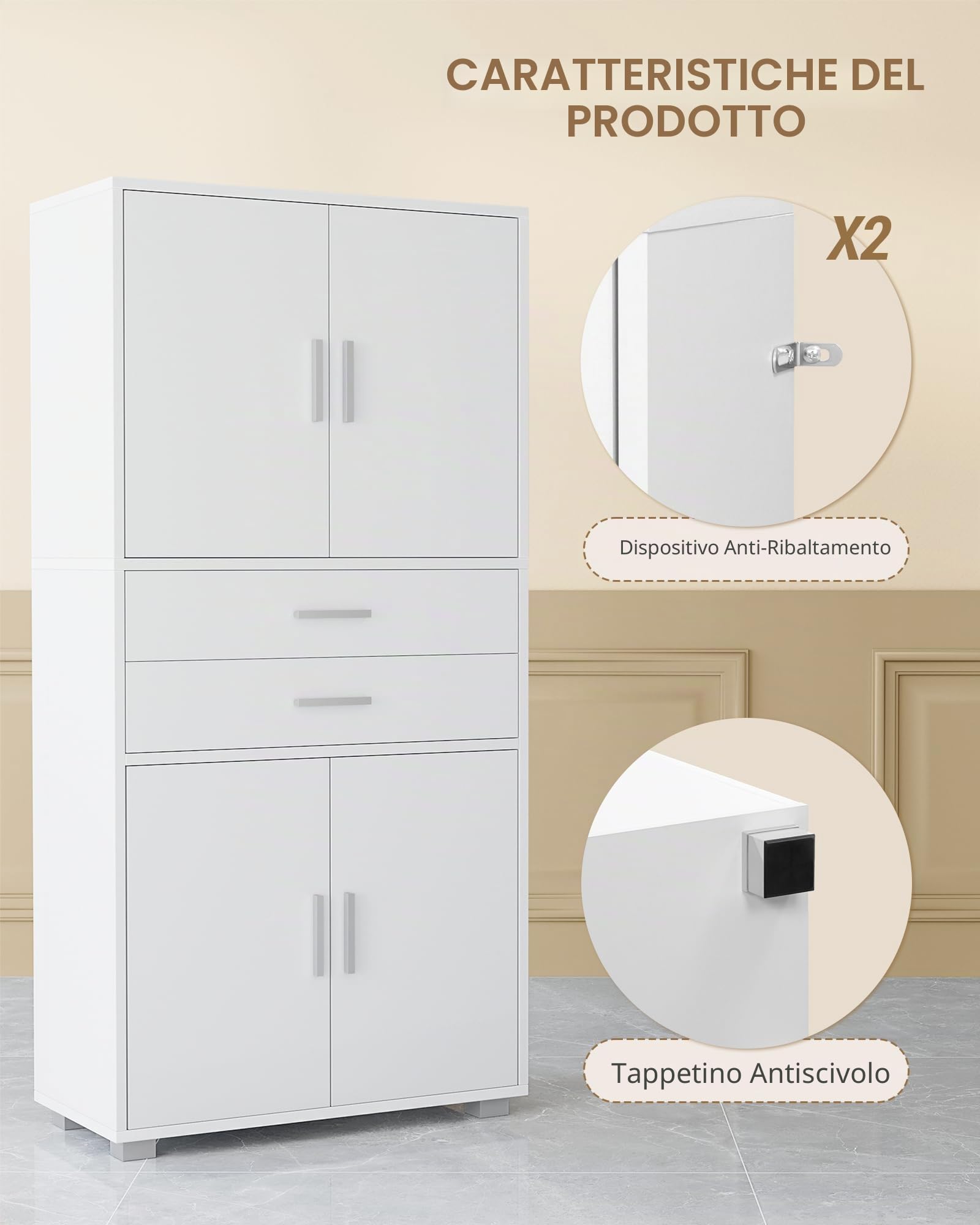 Hzuaneri Mobile Bagno, Alto, Colonna Bagno, 2 Cassetti e 4 Ante, Ripiani Regolabili, Ampio Spazio di Archiviazione, 30 x 60 x 125,5 cm, Moderno, per Soggiorno, Bagnos, Bianco SC60003X