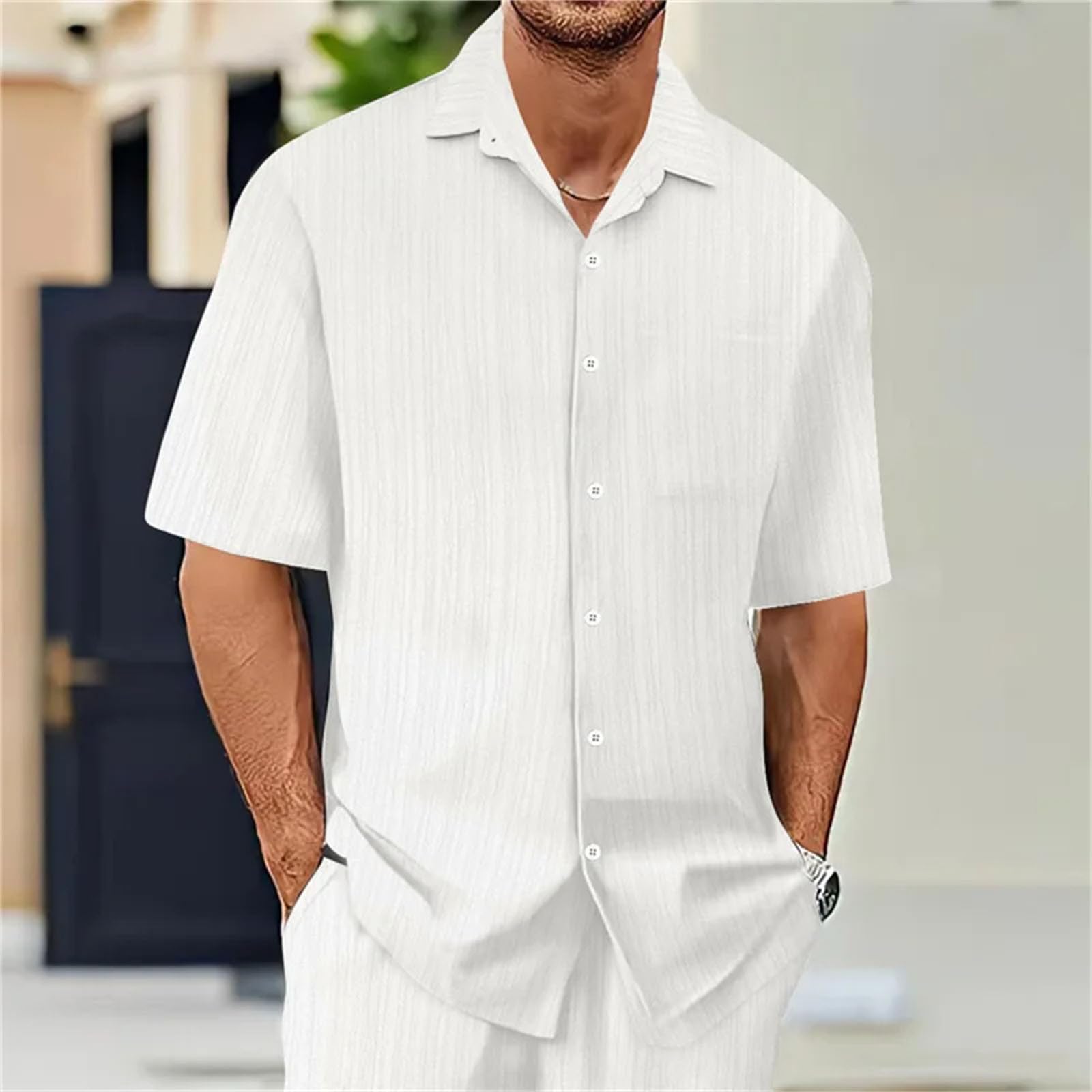 Camisa de manga corta para hombre, ligera, transpirable, color sólido, cuello de vuelta, para uso diario