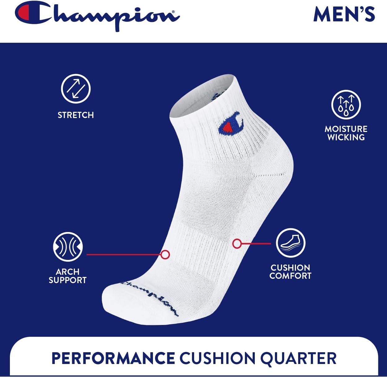 Champion Men's Moisture-Wicking Cushioning & Arch Support Ankle Socks (6-Pack) - Image 4