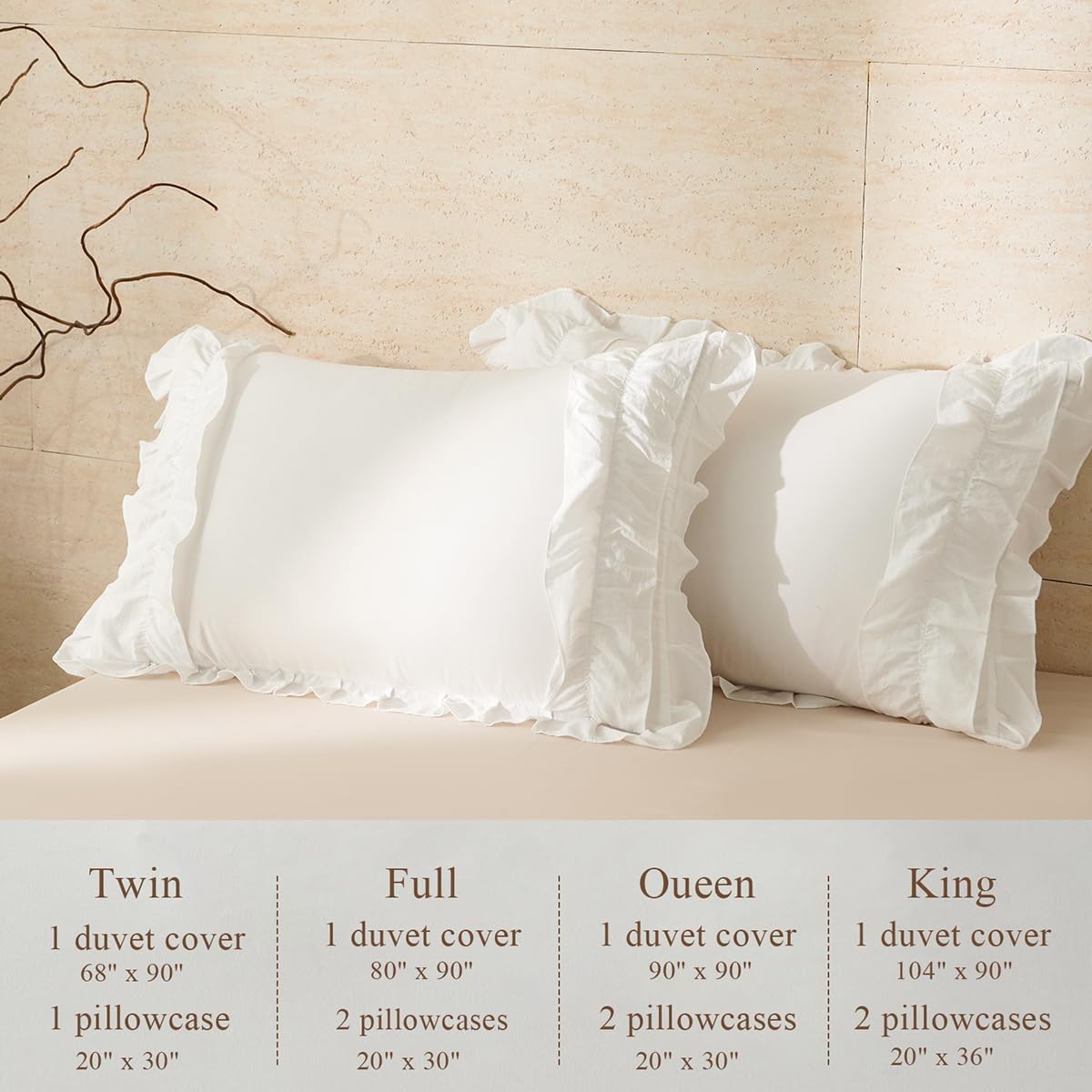 Full Size White Ruffled Microfiber Duvet Cover Set