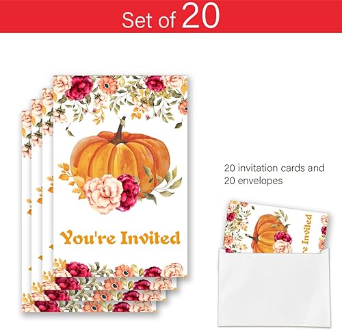 Miniatura 4 de Paquete de 20 invitaciones de fiesta de calabaza pequeña con sobres, un tema de calabaza está en camino, tarjeta de invitaciones para suministros de
