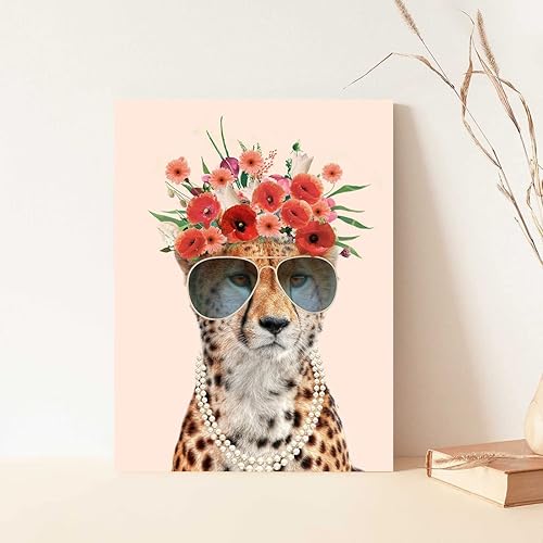 Miniatura 3 de Impresión artística de leopardo de animales, estampado de leopardo fresco con corona floral, bonita pintura para pared, decoración de pared de